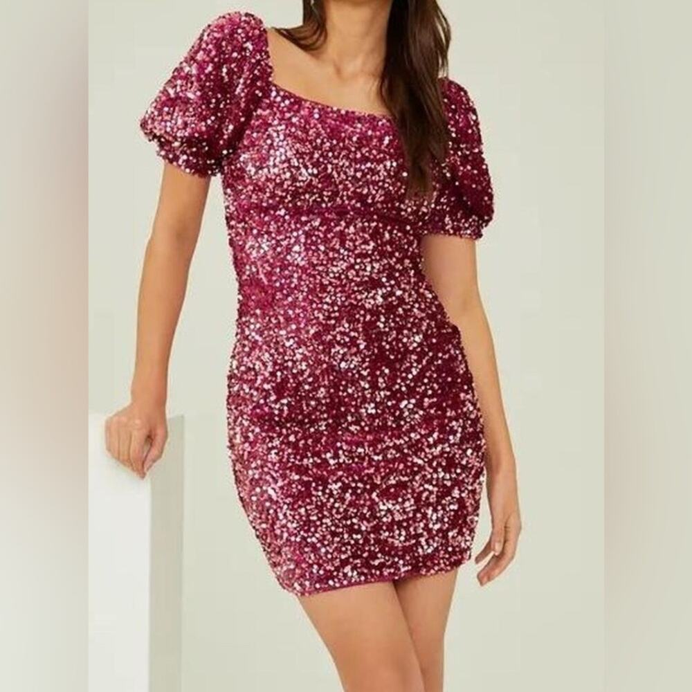 Altar’d state disco dress pink sequins puff sleeve mini party dress size small - Picture 1 of 9